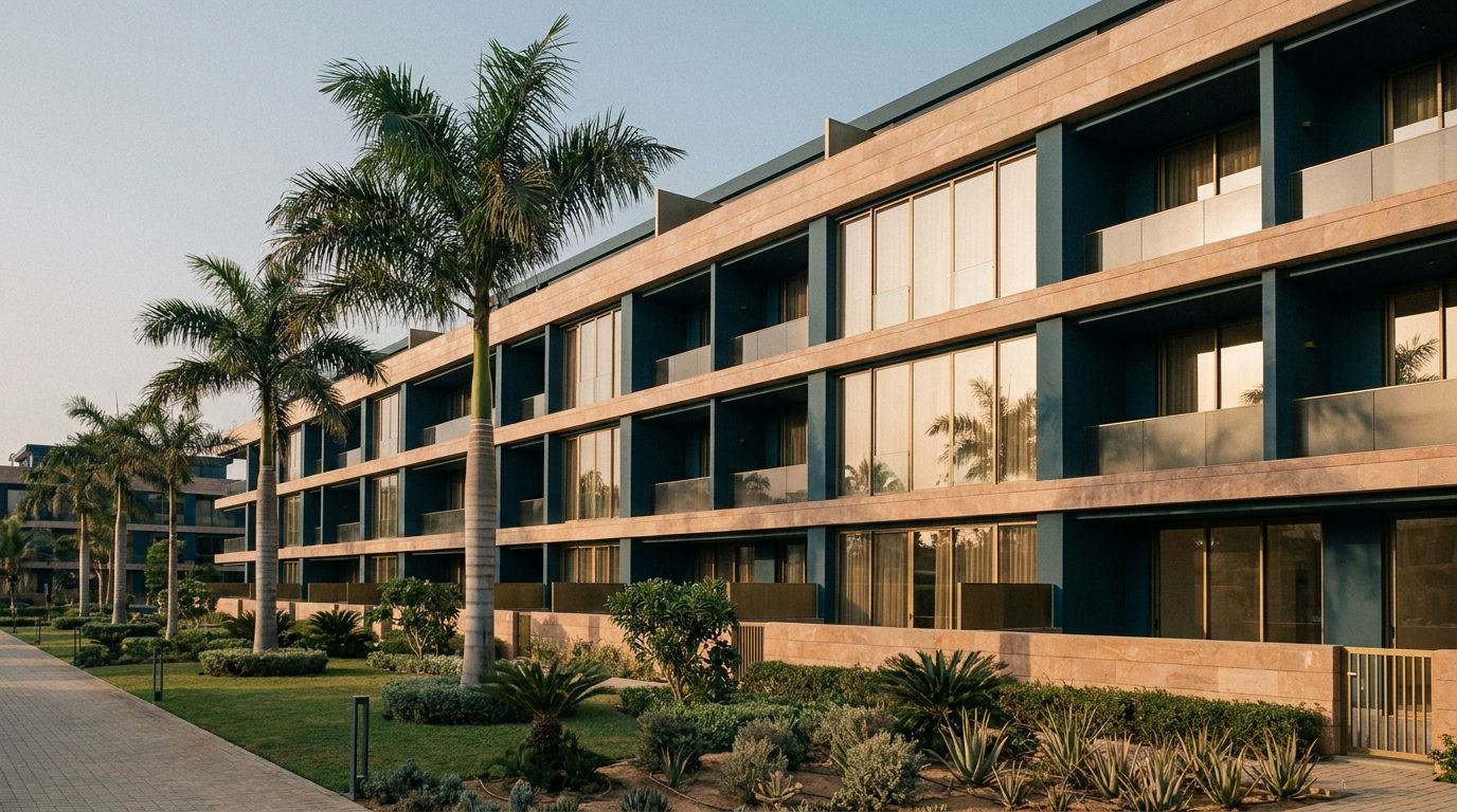 Fachada de um condomínio residencial moderno em Luanda, ao fim da tarde.